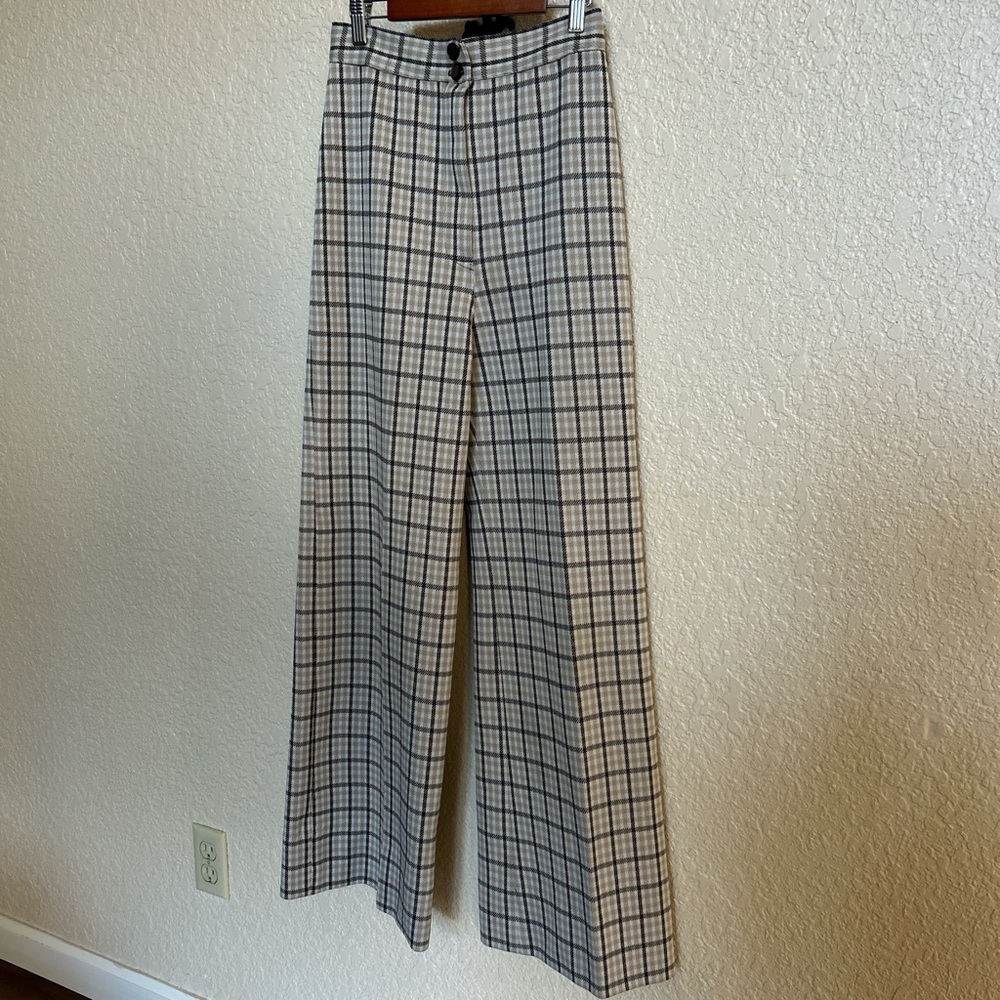 Vintage, Poly, Stylish Plaid Wide-Leg Pants
